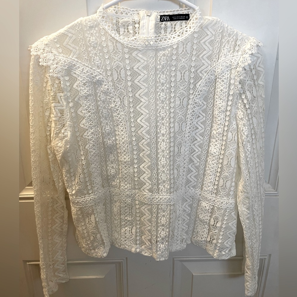 ZARA Lace Peplum Long-Sleeve Blouse - White - Small